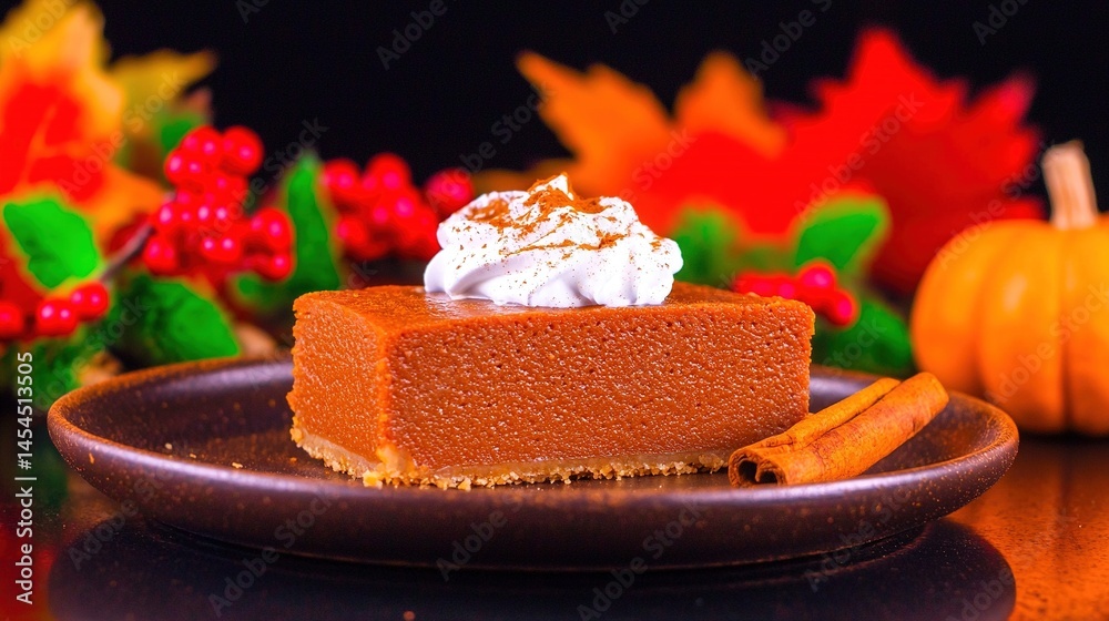 Close-up of a slice of pumpkin pie dessert on a dark plate.