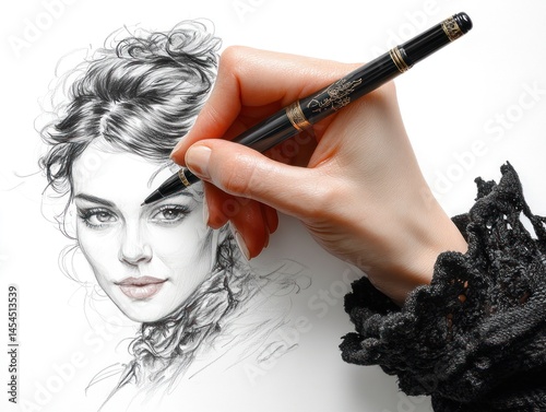 A hand meticulously draws a portrait