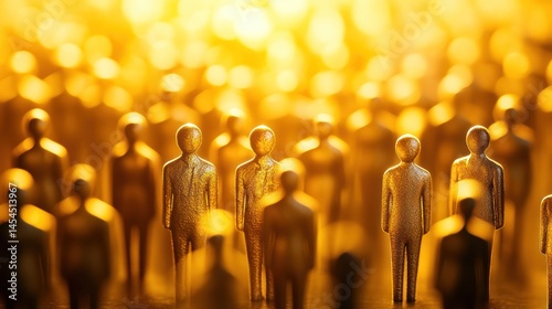 Golden figurines representing a crowd, with a focus on a few in the foreground, illuminated by warm light.