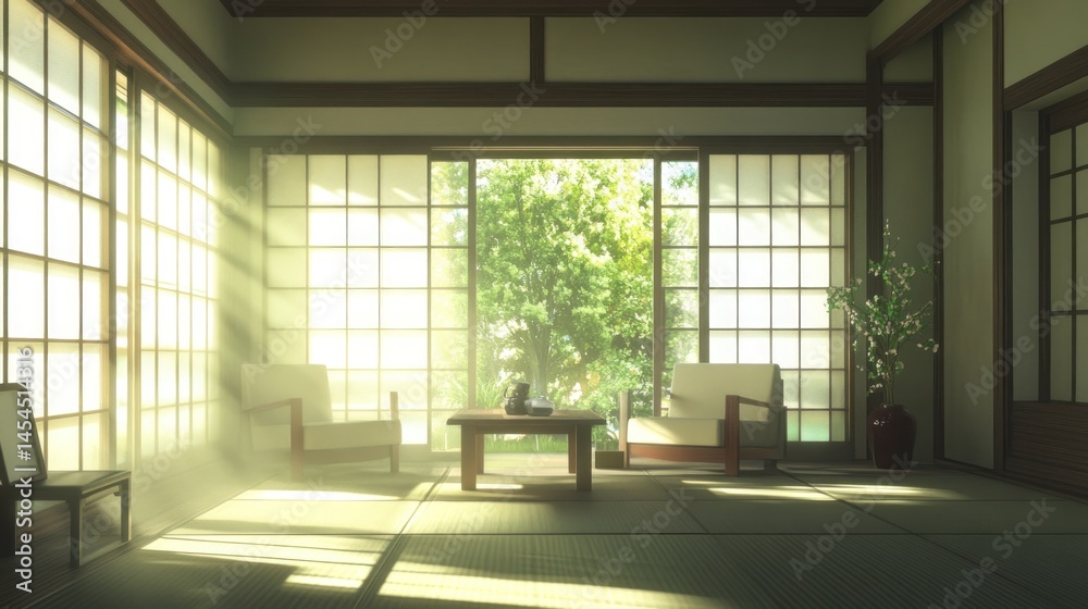 Fototapeta premium Tranquil Japanese-style living room bathed in sunlight, featuring sliding doors, tatami mats, and comfortable seating