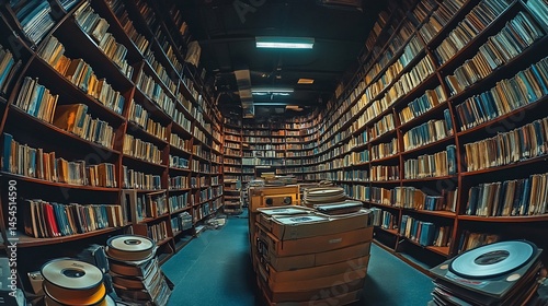 Vast library with towering bookshelves and intriguing vintage audio equipment