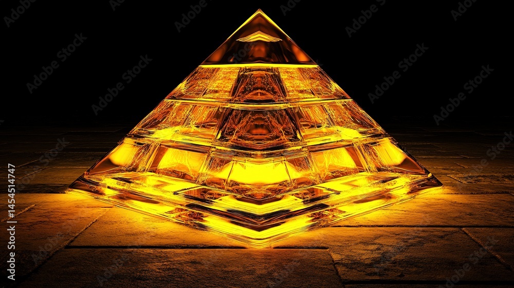 Illuminated golden pyramid design on dark surface.