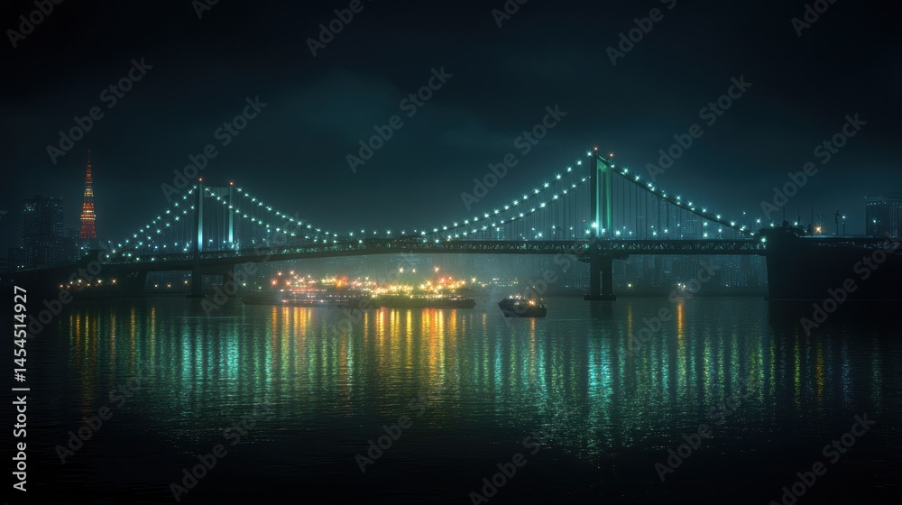 Fototapeta premium Night cityscape, bridge over a river, illuminated lights reflecting on water