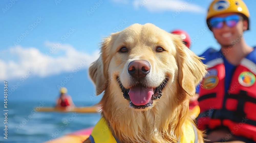Happy golden retriever enjoying a sunny day on a lake.