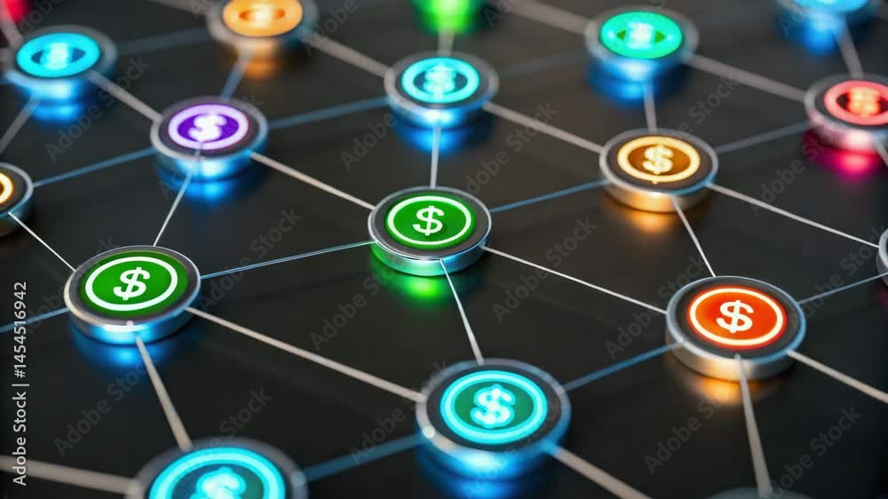 A network of interconnected financial nodes illuminated with a glowing effect. Financial growth and passive income,