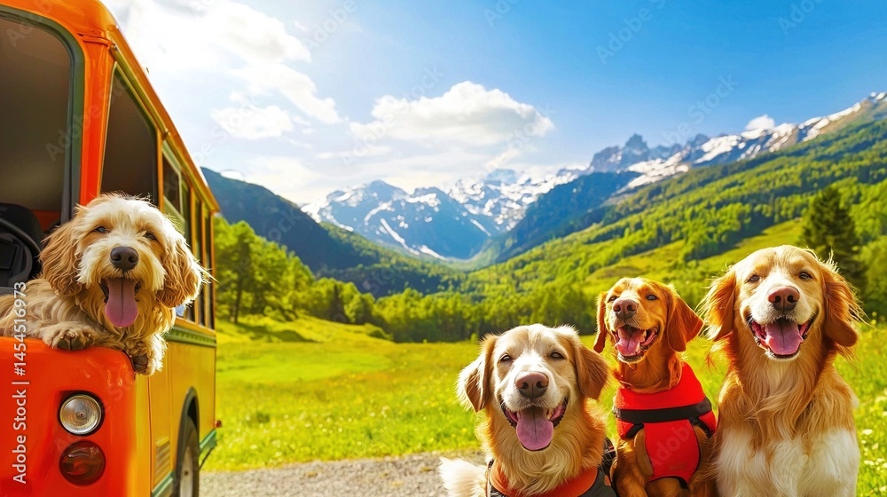 Four happy dogs posing in a scenic mountain landscape.