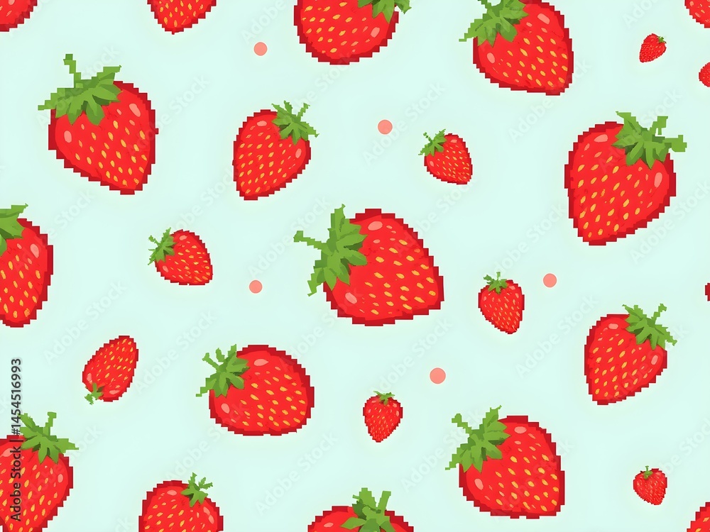 Pixelated Strawberry Paradise: A vibrant, repeating pattern showcases pixelated strawberries on a pastel backdrop, evoking freshness and summer vibes. Pixelated Strawberry Paradise: A vibrant, repeating pattern showcases pixelated strawberries on a pastel backdrop, evoking freshness and summer vibes.