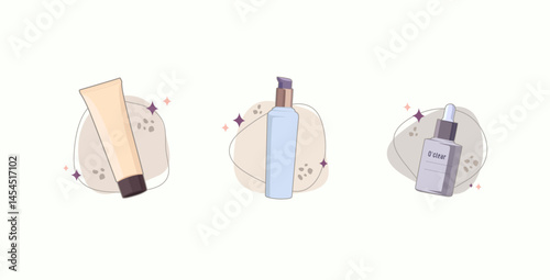 Vector illustration of three skincare products: vitamin C serum, facial toner, and moisturizing cream. Simple flat style with soft colors. Perfect for beauty content, e-commerce, and packaging design