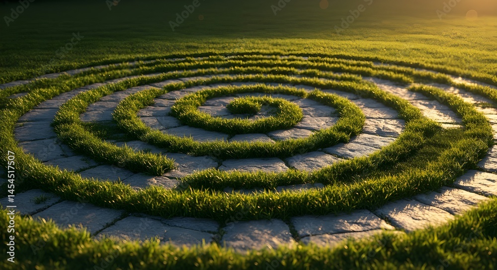 Stone spiral path on green grass, illuminated by warm sunlight. A peaceful labyrinth design symbolizing meditation, journey, and harmony with nature. Stone spiral path on green grass, illuminated by warm sunlight. A peaceful labyrinth design symbolizing meditation, journey, and harmony with nature.