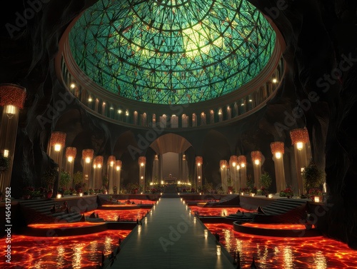 Lava Temple: An awe-inspiring interior showcases a dome with lava pools. Columns and light complete this fantasy landscape. photo