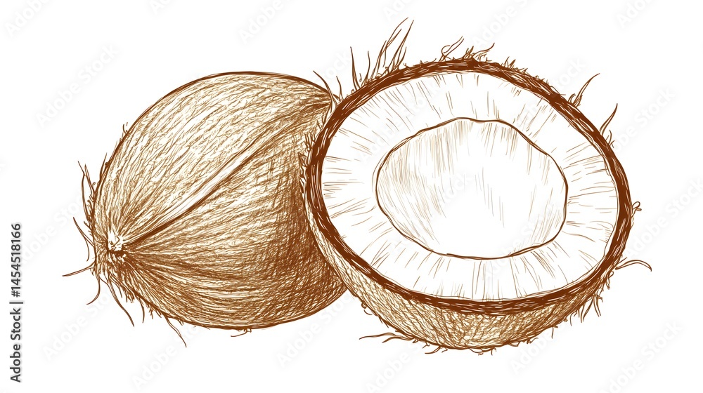 Hand-drawn illustration of a whole and halved coconut. Hand-drawn illustration of a whole and halved coconut.