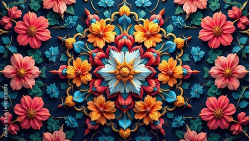 Intricate floral motif within a repeating geometric hexagon , abstract, graphic, seamless