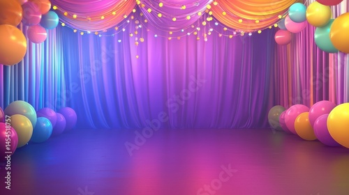Festive stage backdrop with colorful balloons and illuminated curtains.