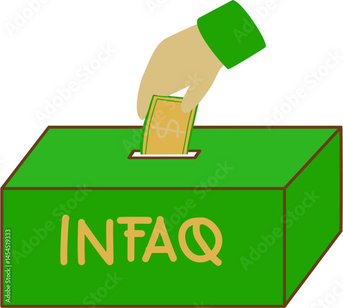 Donation Box Illustration: Hand Depositing Money into Green INFAQ Box