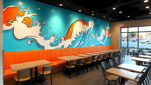 Contemporary restaurant dining area featuring ocean wave mural and bright accents