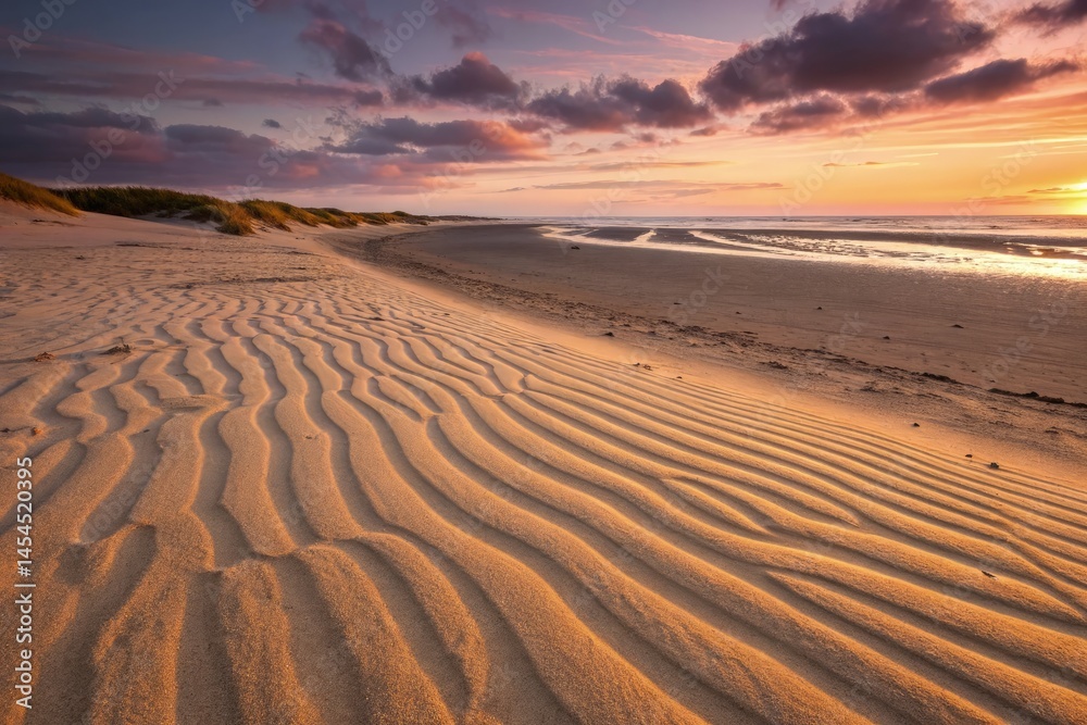 Rippling Sand Textures at Sunset on a Tranquil Beach Generative AI