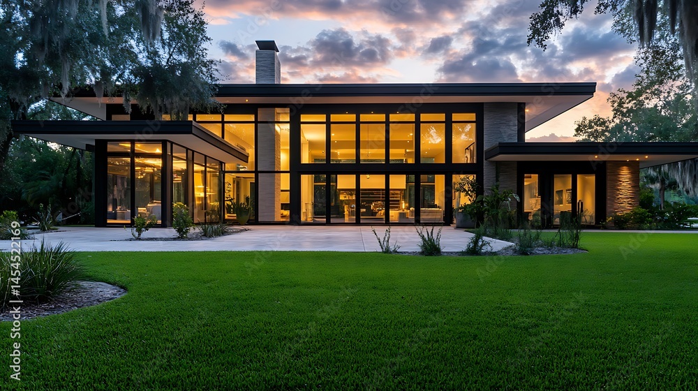Fototapeta premium Modern home exterior at twilight, showcasing expansive glass.