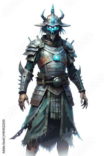 spirit of a dead samurai wearing ancient armor with glowing eyes and ethereal aura, standing silently, horror vector isolated on white background
