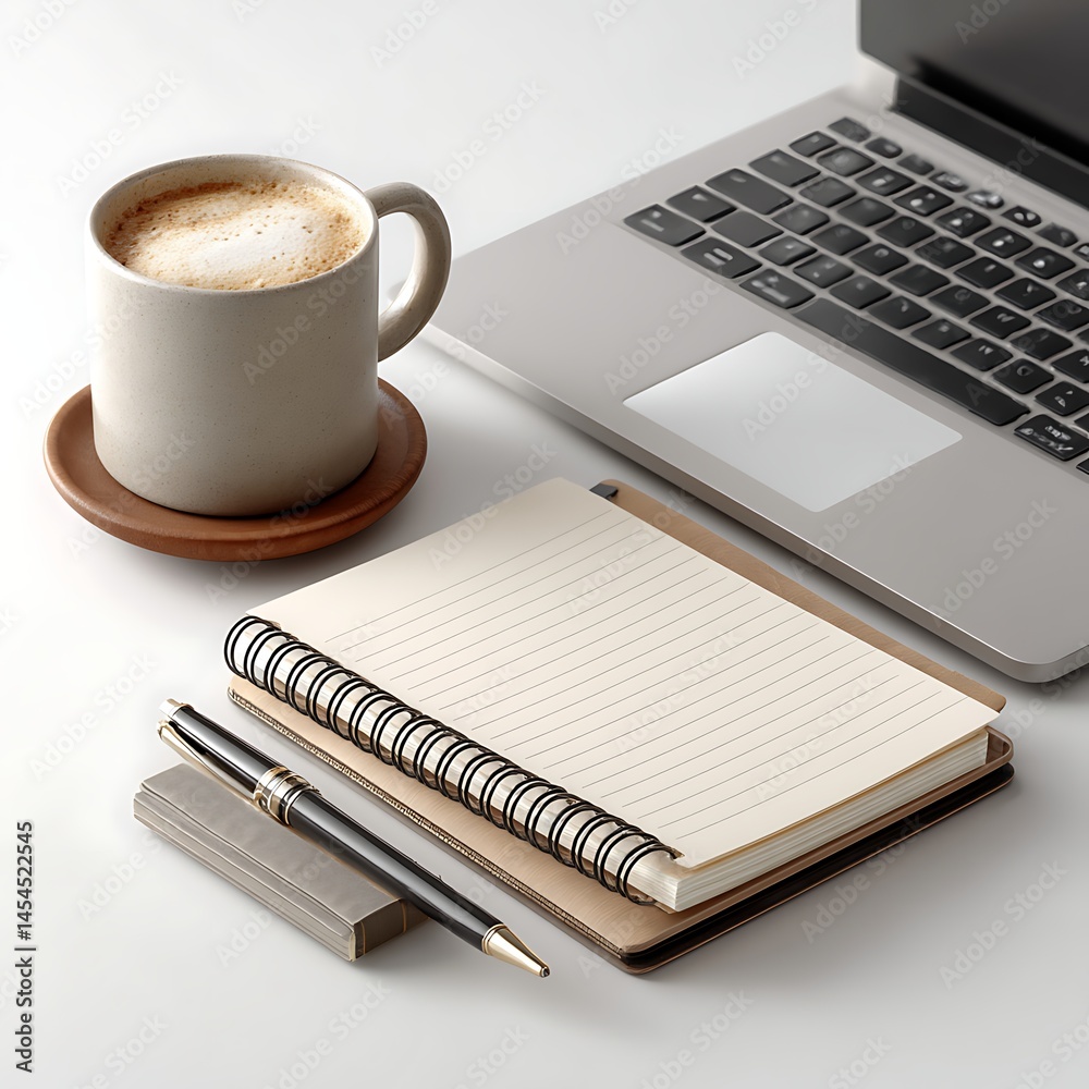 Workspace Still Life: A modern workspace setup, featuring a cup of coffee, a notebook, a pen, and a laptop, symbolizing productivity and focus.