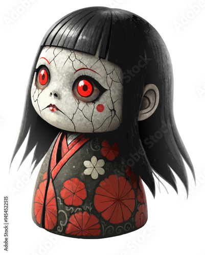 traditional Ichimatsu doll with cracked face and glowing red eyes, eerie expression and black hair, isolated vector on white background
