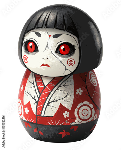 traditional Ichimatsu doll with cracked face and glowing red eyes, eerie expression and black hair, isolated vector on white background
