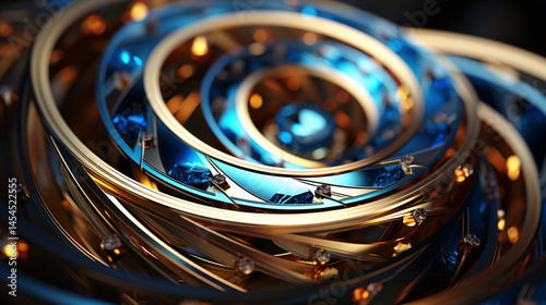 Seamless 3D Fibonacci spiral swirl pattern with golden fractals and blue crystal accents for digital art.


