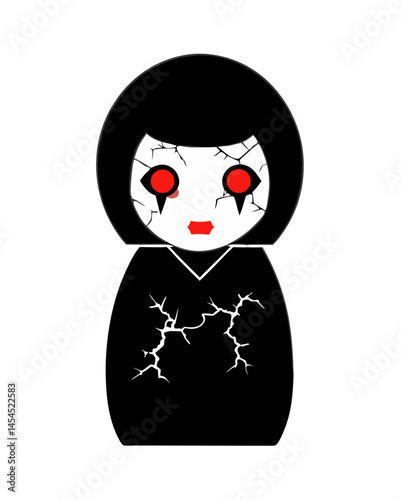 traditional Ichimatsu doll with cracked face and glowing red eyes, eerie expression and black hair, isolated vector on white background

