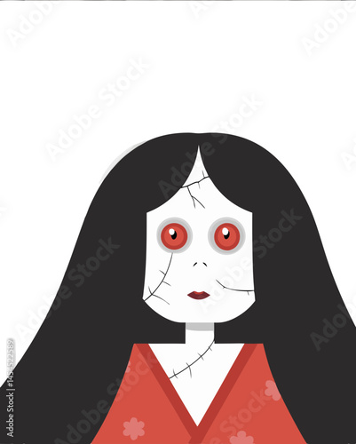 traditional Ichimatsu doll with cracked face and glowing red eyes, eerie expression and black hair, isolated vector on white background
