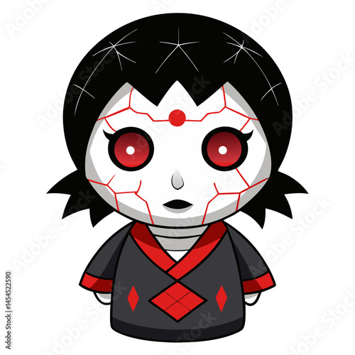 traditional Ichimatsu doll with cracked face and glowing red eyes, eerie expression and black hair, isolated vector on white background
