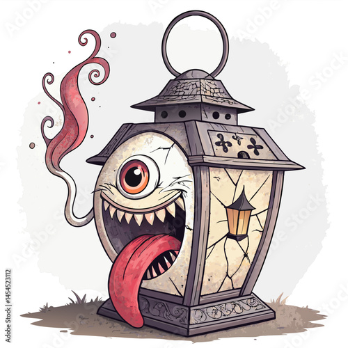 ancient chochin-obake lantern monster with one eye and long tongue, in traditional yokai horror style, vector art on white background
