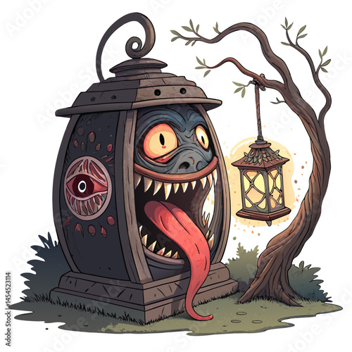 ancient chochin-obake lantern monster with one eye and long tongue, in traditional yokai horror style, vector art on white background
