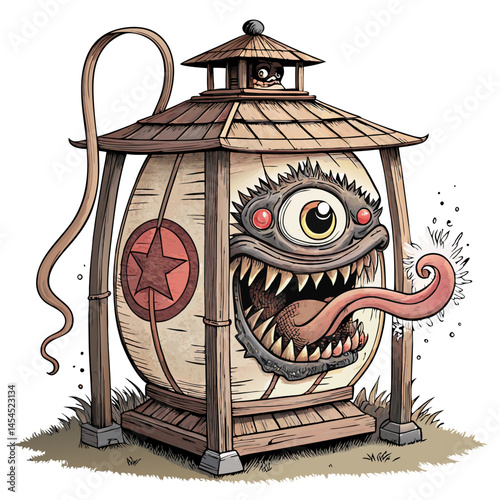 ancient chochin-obake lantern monster with one eye and long tongue, in traditional yokai horror style, vector art on white background
