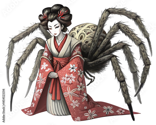 traditional Japanese yokai spider woman with half-beautiful lady, half-giant spider body, seductive and scary, isolated on white, vector style
