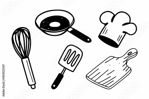 Hand Drawn Kitchen Utensils and Chefs Hat Illustration