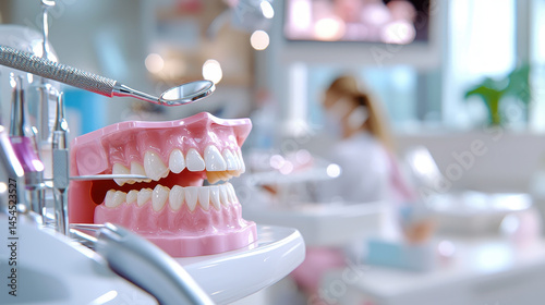Dental model with realistic teeth is displayed in modern dental clinic, showcasing dental tools and professional environment photo