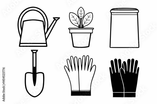 Gardening Tools Icons Set Watering Can Plant Pot Gloves Shovel Seed Packet