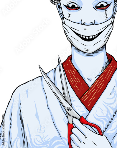 creepy Japanese slit-mouthed woman wearing surgical mask, holding scissors with a sinister smile, in horror manga vector style, isolated on white
