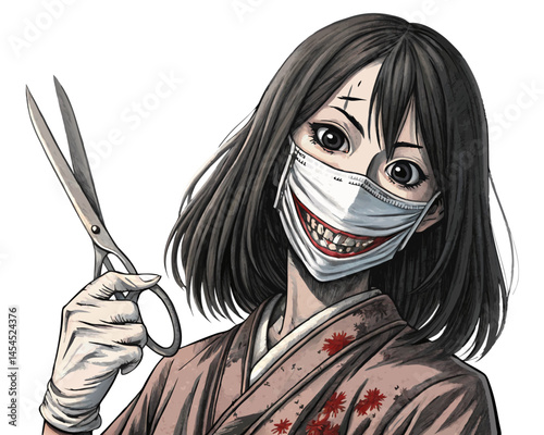 creepy Japanese slit-mouthed woman wearing surgical mask, holding scissors with a sinister smile, in horror manga vector style, isolated on white
