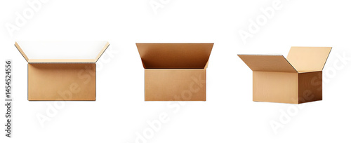 Generate three views, one front view and two side views of the cardboard box on white background, front view angle, side view angle, open top, flat carton, square shape, brown colo photo