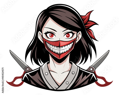 creepy Japanese slit-mouthed woman wearing surgical mask, holding scissors with a sinister smile, in horror manga vector style, isolated on white
