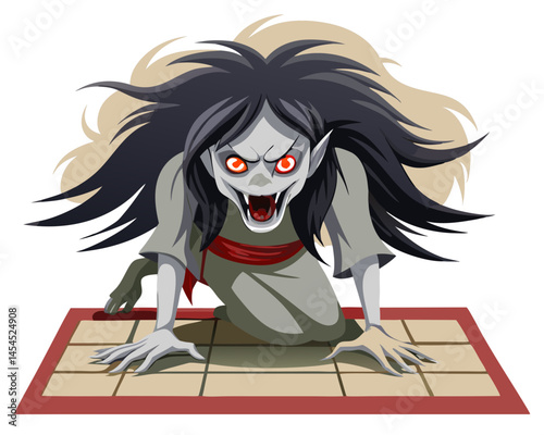 female onryō ghost with wild hair and vengeful eyes crawling on tatami mat floor, horror-themed vector, traditional Japanese setting, white background
