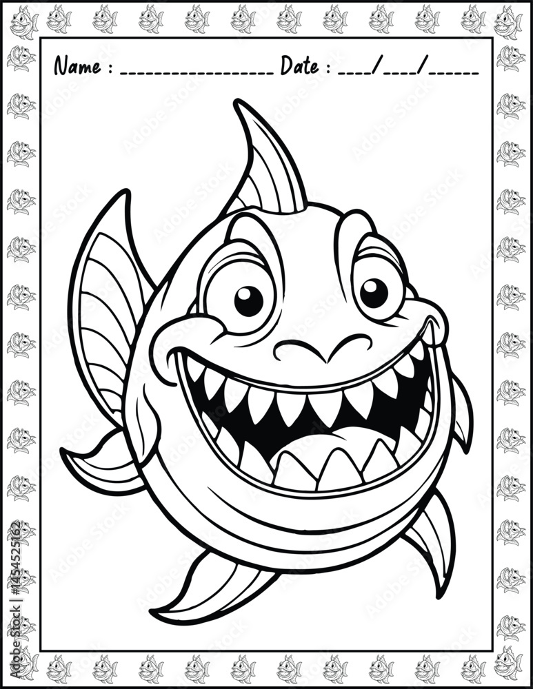 Obraz premium Cute Monster Fish Coloring Pages For Kids. High resolution (300 DPI), ready to print on standard 8.5x11 inch paper With No Bleed, Black and White Vector illustration AI, EPS, PNG, JPEG.