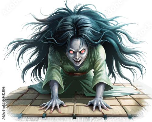 female onryō ghost with wild hair and vengeful eyes crawling on tatami mat floor, horror-themed vector, traditional Japanese setting, white background
