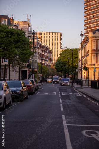 A peaceful, quiet residential street featuring beautiful urban architecture as dusk settles in Belgrave Road - London