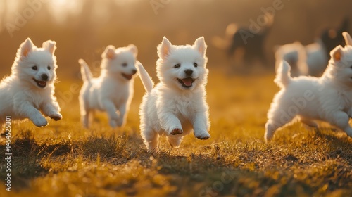 White Swiss Shepherd puppies playing in the sunset
