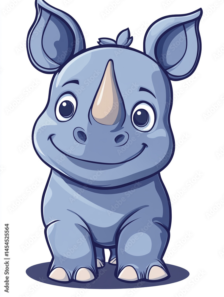 Fototapeta premium A cute cartoon baby rhino with big eyes, two horns, and a friendly expression. The blue rhino stands on a light grey shadow, making it visually appealing and charming.