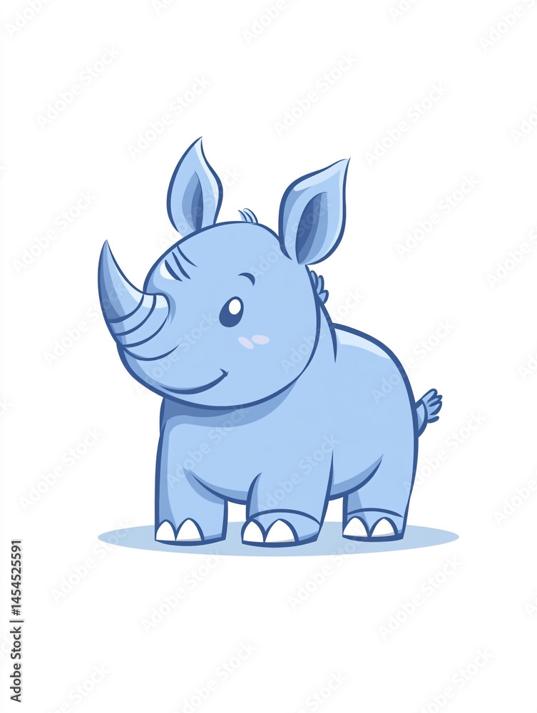 Naklejka premium A cute cartoon baby rhino with big eyes, two horns, and a friendly expression. The blue rhino stands on a light grey shadow, making it visually appealing and charming.