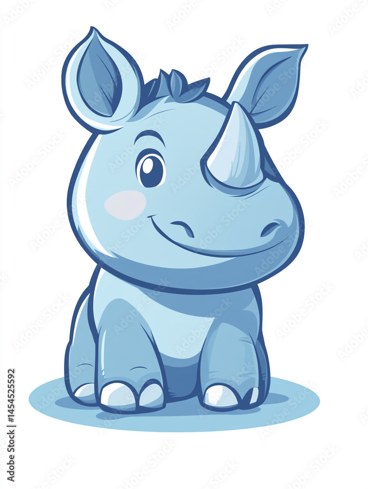 Fototapeta premium A cute cartoon baby rhino with big eyes, two horns, and a friendly expression. The blue rhino stands on a light grey shadow, making it visually appealing and charming.