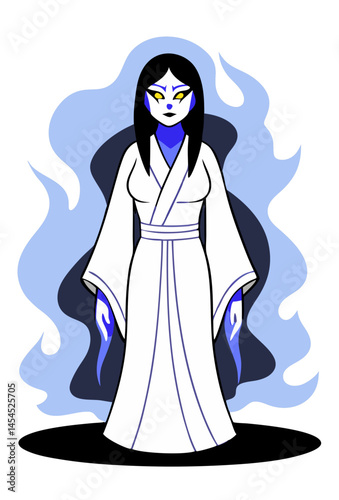 chilling Yuki-onna woman in white robe, glowing skin and icy mist around her, cold expression, traditional horror vector isolated on white
