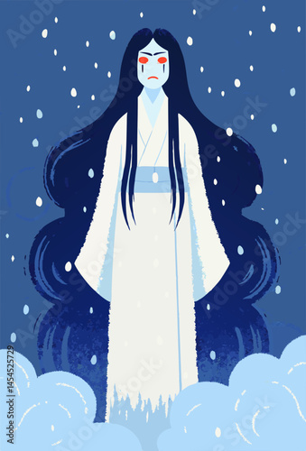 chilling Yuki-onna woman in white robe, glowing skin and icy mist around her, cold expression, traditional horror vector isolated on white
